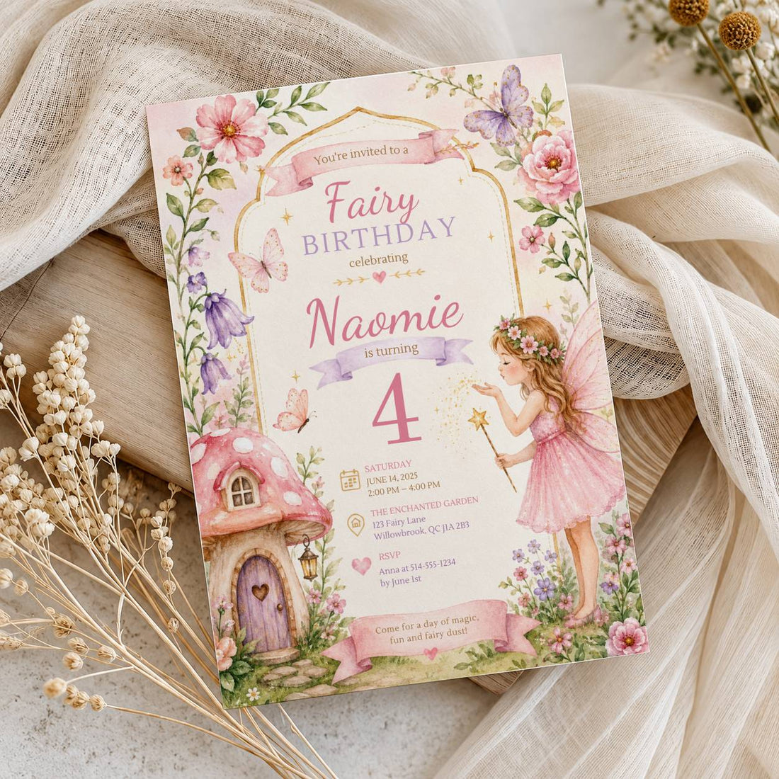 Editable fairy birthday invitation template for girls
