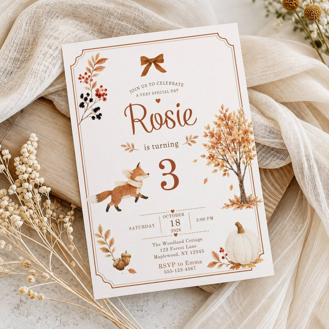 Fall fox birthday invitation template with woodland autumn design, editable in Canva