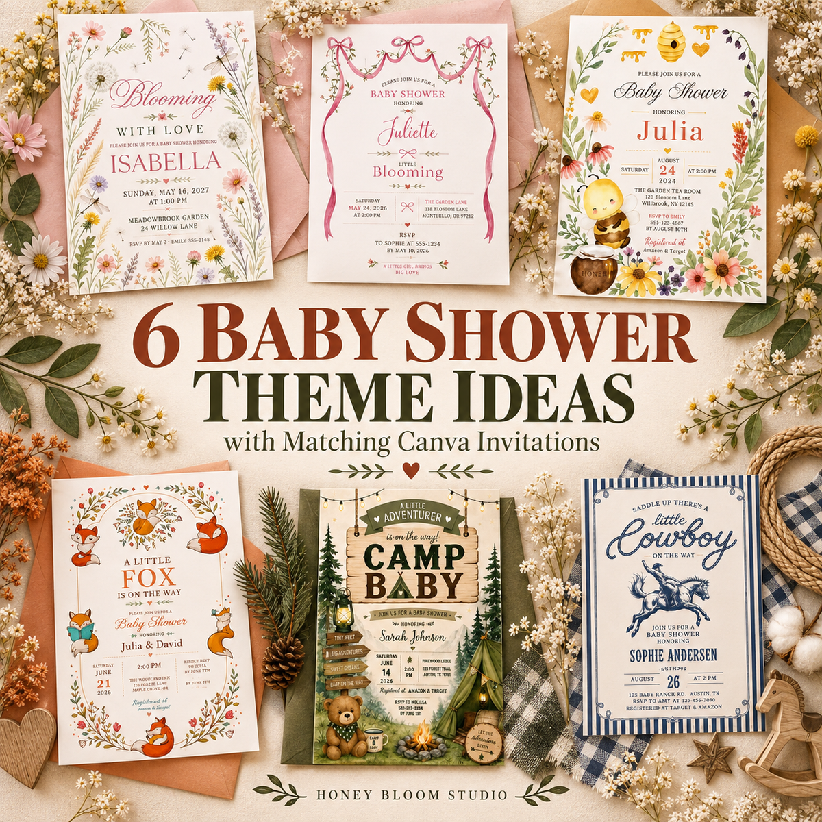 6 Baby Shower Theme Ideas with Matching Canva Invitations