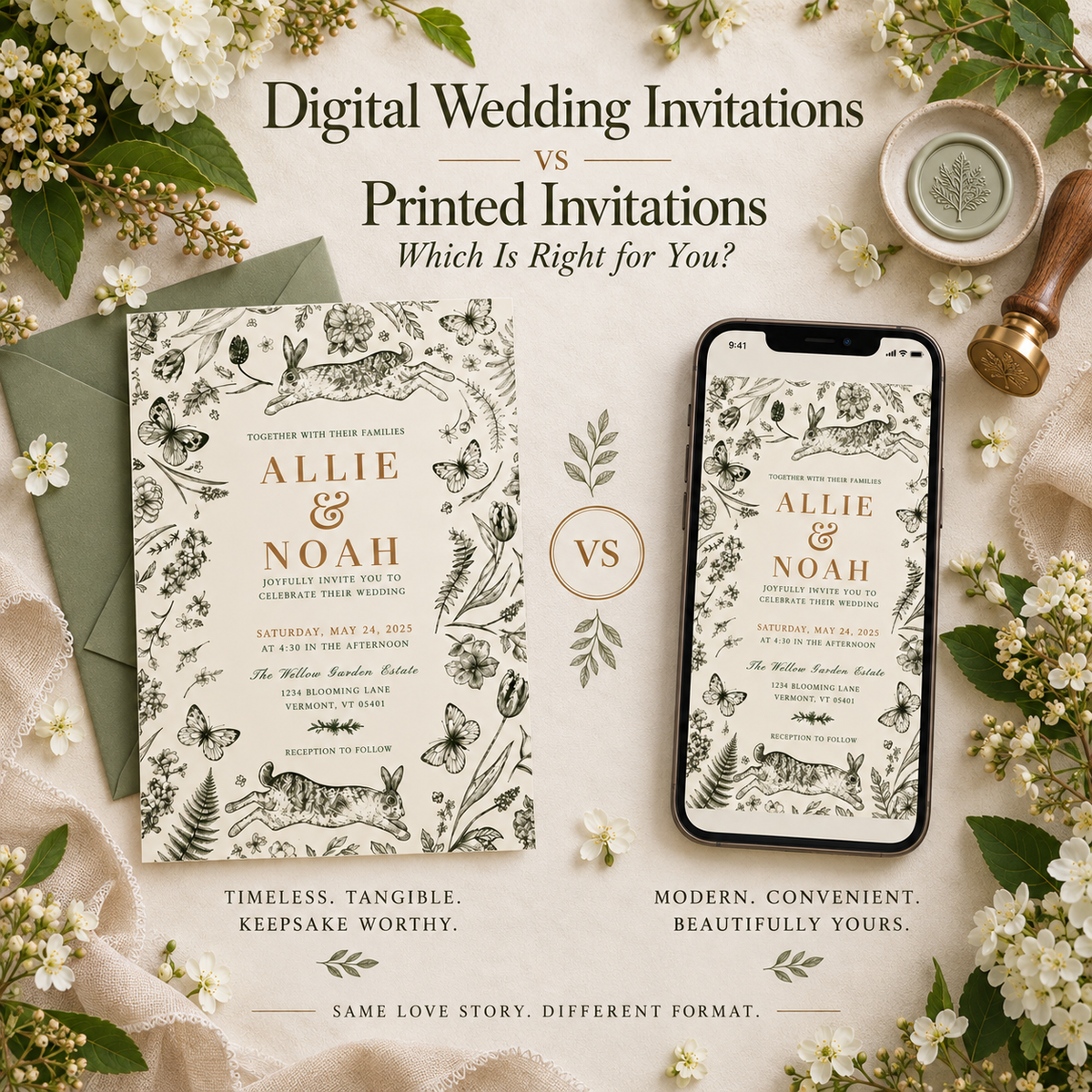 Side-by-side comparison of a printed and digital wedding invitation featuring a vintage woodland rabbit and botanical design.