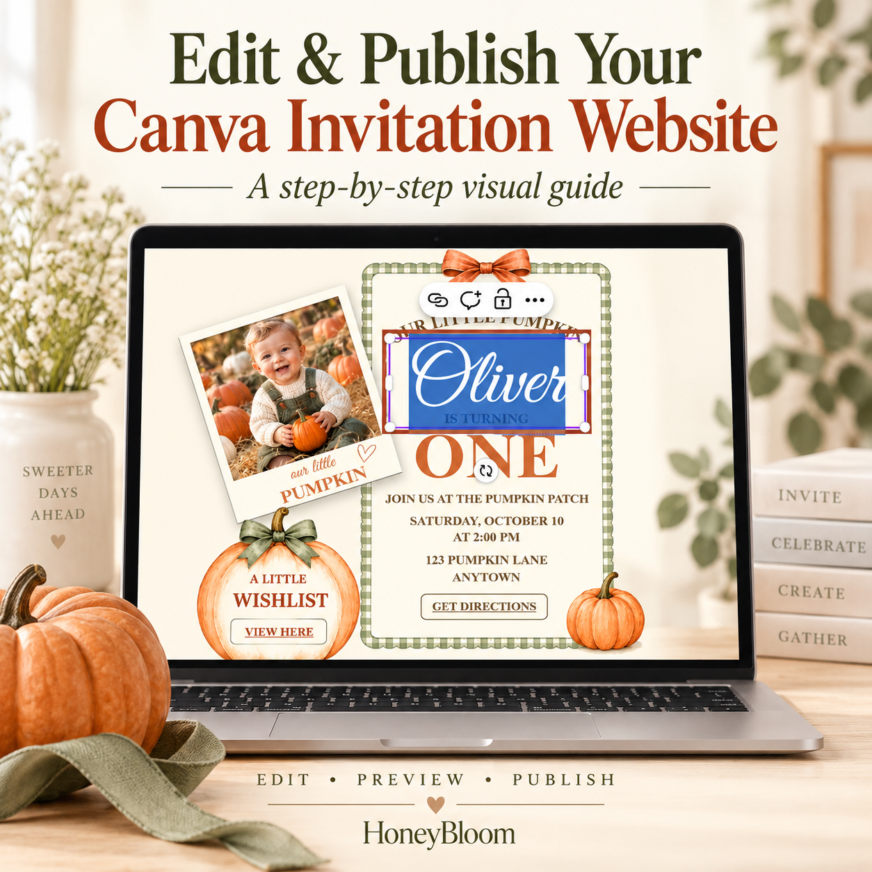 Laptop displaying a pumpkin birthday invitation in Canva, illustrating a guide to editing and publishing an invitation website.