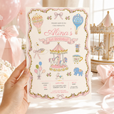 Vintage Carousel First Birthday Invitation Template | Pink Coquette Canva Invite