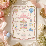 Vintage Carousel First Birthday Invitation Template | Pink Coquette Canva Invite