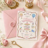 Vintage Carousel First Birthday Invitation Template | Pink Coquette Canva Invite