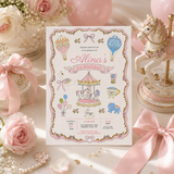 Vintage Carousel First Birthday Invitation Template | Pink Coquette Canva Invite