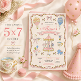 Vintage Carousel First Birthday Invitation Template | Pink Coquette Canva Invite