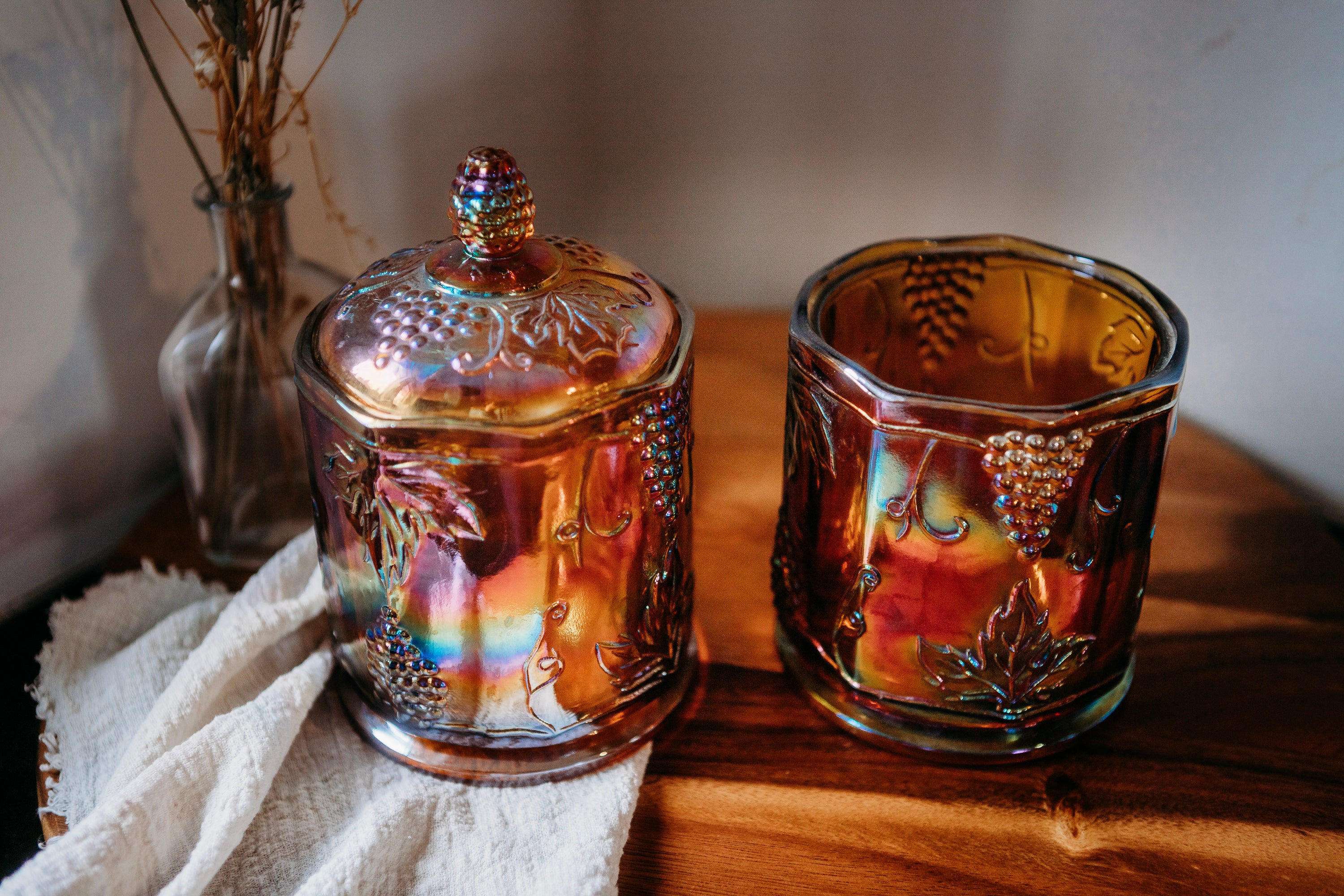 Vintage Indiana Glass amber carnival grape canister set, iridescent lidded jar and open glass container, retro kitchen decor