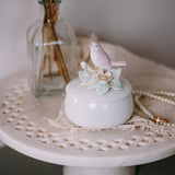 Vintage Round Trinket Box with Lid | Bird & Floral Pastel Jewelry Box | Small Keepsake Gift