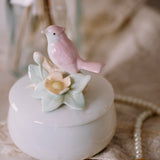 Vintage Round Trinket Box with Lid | Bird & Floral Pastel Jewelry Box | Small Keepsake Gift