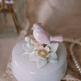 Vintage Round Trinket Box with Lid | Bird & Floral Pastel Jewelry Box | Small Keepsake Gift