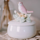 Vintage Round Trinket Box with Lid | Bird & Floral Pastel Jewelry Box | Small Keepsake Gift
