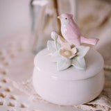 Vintage Round Trinket Box with Lid | Bird & Floral Pastel Jewelry Box | Small Keepsake Gift