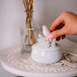 Vintage Round Trinket Box with Lid | Bird & Floral Pastel Jewelry Box | Small Keepsake Gift