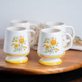Vintage Geni Floral Pedestal Mugs Set of 4 – 1970s Yellow Daisy Coffee Cups