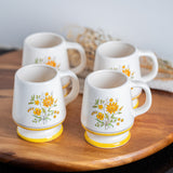 Vintage Geni Floral Pedestal Mugs Set of 4 – 1970s Yellow Daisy Coffee Cups
