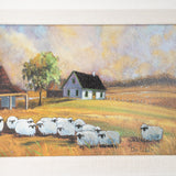 Vintage Signed Oil Painting of Sheep Farm Landscape – Framed Cottage Wall Art