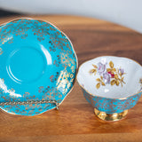Vintage Royal Albert Teacup & Saucer – Turquoise Blue, Gold Chintz & Pink Roses Bone China