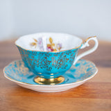 Vintage Royal Albert Teacup & Saucer – Turquoise Blue, Gold Chintz & Pink Roses Bone China