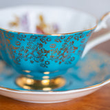 Vintage Royal Albert Teacup & Saucer – Turquoise Blue, Gold Chintz & Pink Roses Bone China