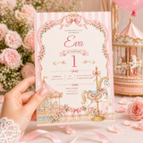 Pink Carousel 1st Birthday Invitation Template | Editable Canva 5x7 Girl Birthday Invite