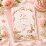 Pink Carousel 1st Birthday Invitation Template | Editable Canva 5x7 Girl Birthday Invite