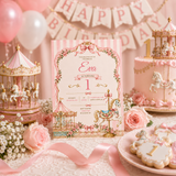 Pink Carousel 1st Birthday Invitation Template | Editable Canva 5x7 Girl Birthday Invite