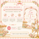 Pink Carousel 1st Birthday Invitation Template | Editable Canva 5x7 Girl Birthday Invite