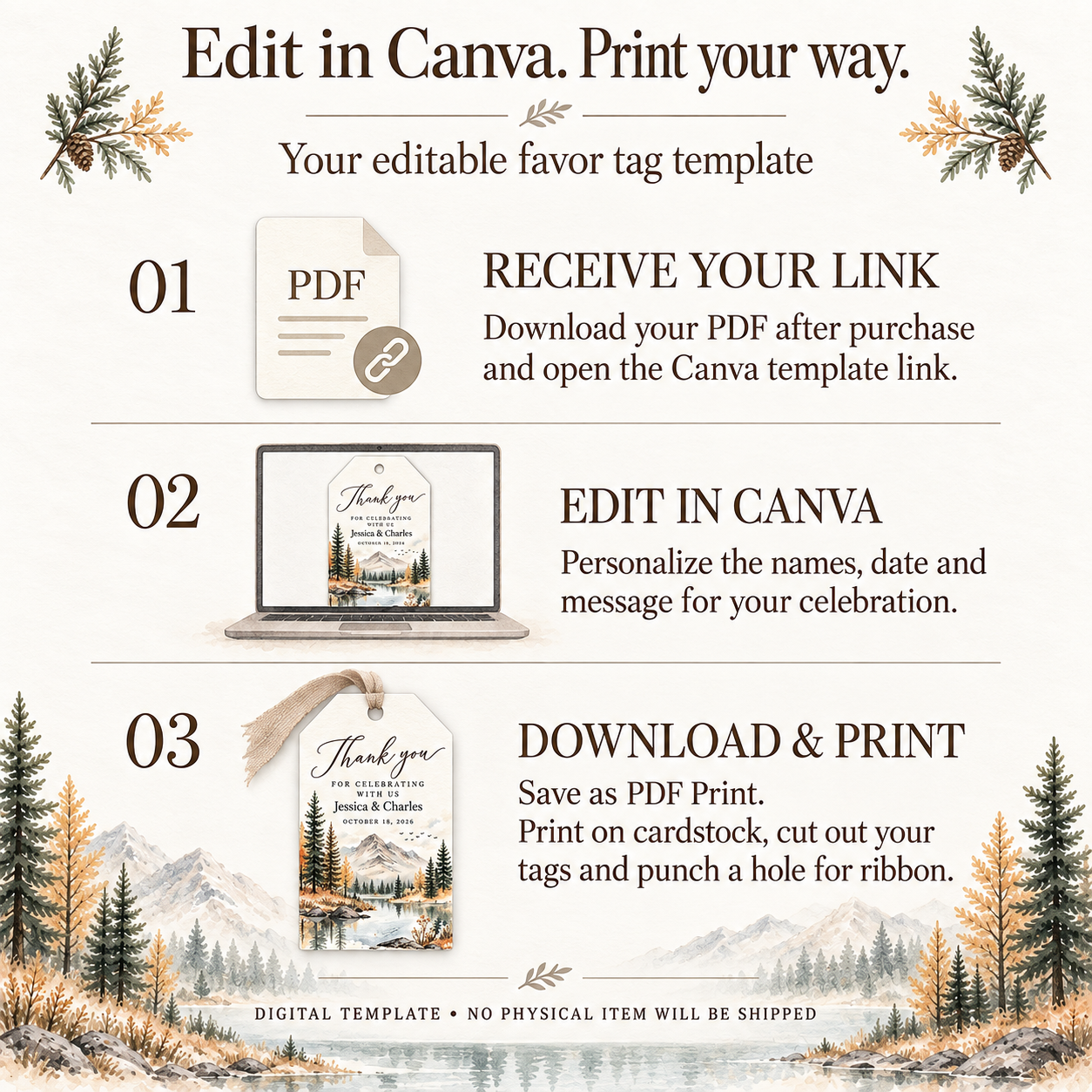 Infographic for a customizable PDF favor tag template, showing three numbered steps: receiving the PDF link, editing in Canva on a laptop screen, and downloading/printing the final favor tag. The design uses a warm cream background with forest illustrations at the top and bottom, including pine trees and autumn foliage.