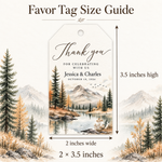 Favor tag size guide showing a printed tag with a mountain-and-lake landscape design, labeled 3.5 inches high and 2 inches wide, with dimensions overlaid on a cream background.