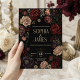 Gothic Wedding Invitation Template | Burgundy Floral Canva Invite
