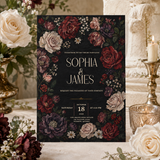 Gothic Wedding Invitation Template | Burgundy Floral Canva Invite