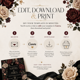 Gothic Wedding Invitation Template | Burgundy Floral Canva Invite