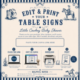 Little Cowboy Baby Shower Table Signs, 6 Editable 8x10 Western Canva Signs