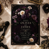 Dark Floral Gothic Wedding Invitation Template | Moody Plum Canva Invite