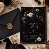 Dark Floral Gothic Wedding Invitation Template | Moody Plum Canva Invite