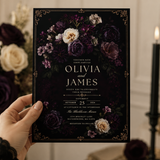 Dark Floral Gothic Wedding Invitation Template | Moody Plum Canva Invite