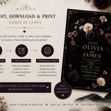 Dark Floral Gothic Wedding Invitation Template | Moody Plum Canva Invite