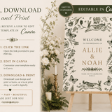 Woodland Wedding Welcome Sign Template | Editable Canva Botanical Bunny Sign