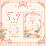 Pink Carousel 1st Birthday Invitation Template | Editable Canva 5x7 Girl Birthday Invite