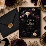 Dark Floral Gothic Wedding Invitation Template | Moody Plum Canva Invite