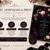 Dark Floral Gothic Wedding Invitation Template | Moody Plum Canva Invite