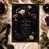 Dark Floral Gothic Wedding Invitation Template | Moody Plum Canva Invite