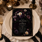 Dark Floral Gothic Wedding Invitation Template | Moody Plum Canva Invite