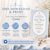 Dusty Blue Boy Baptism Invitation Template | Editable Canva Invite