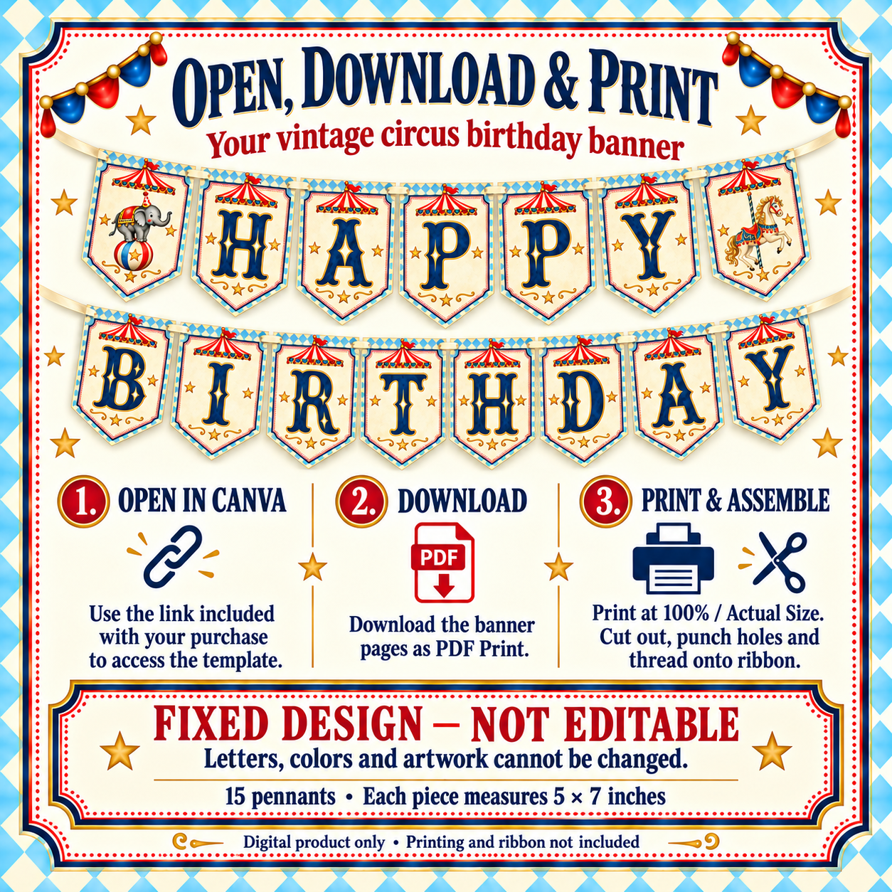Open the banner in Canva, download and print. Fixed design; letters, colors and artwork cannot be edited.