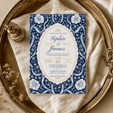 Chinoiserie Wedding Invitation Template | Blue Floral Editable Canva Invite