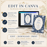 Chinoiserie Wedding Invitation Template | Blue Floral Editable Canva Invite