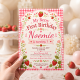 Berry First Birthday Invitation Template – Strawberry Birthday Invite Editable in Canva