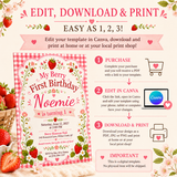 Berry First Birthday Invitation Template – Strawberry Birthday Invite Editable in Canva