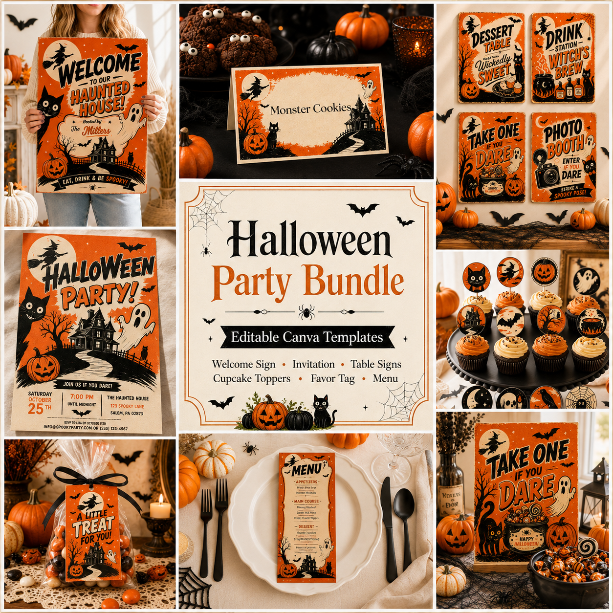 A collage showing a Halloween party bundle set of editable canva templates, including welcome signs, invitations, table signs, cupcake toppers, favor tags, menus, and photo booth signs in a spooky orange, black, and beige theme.